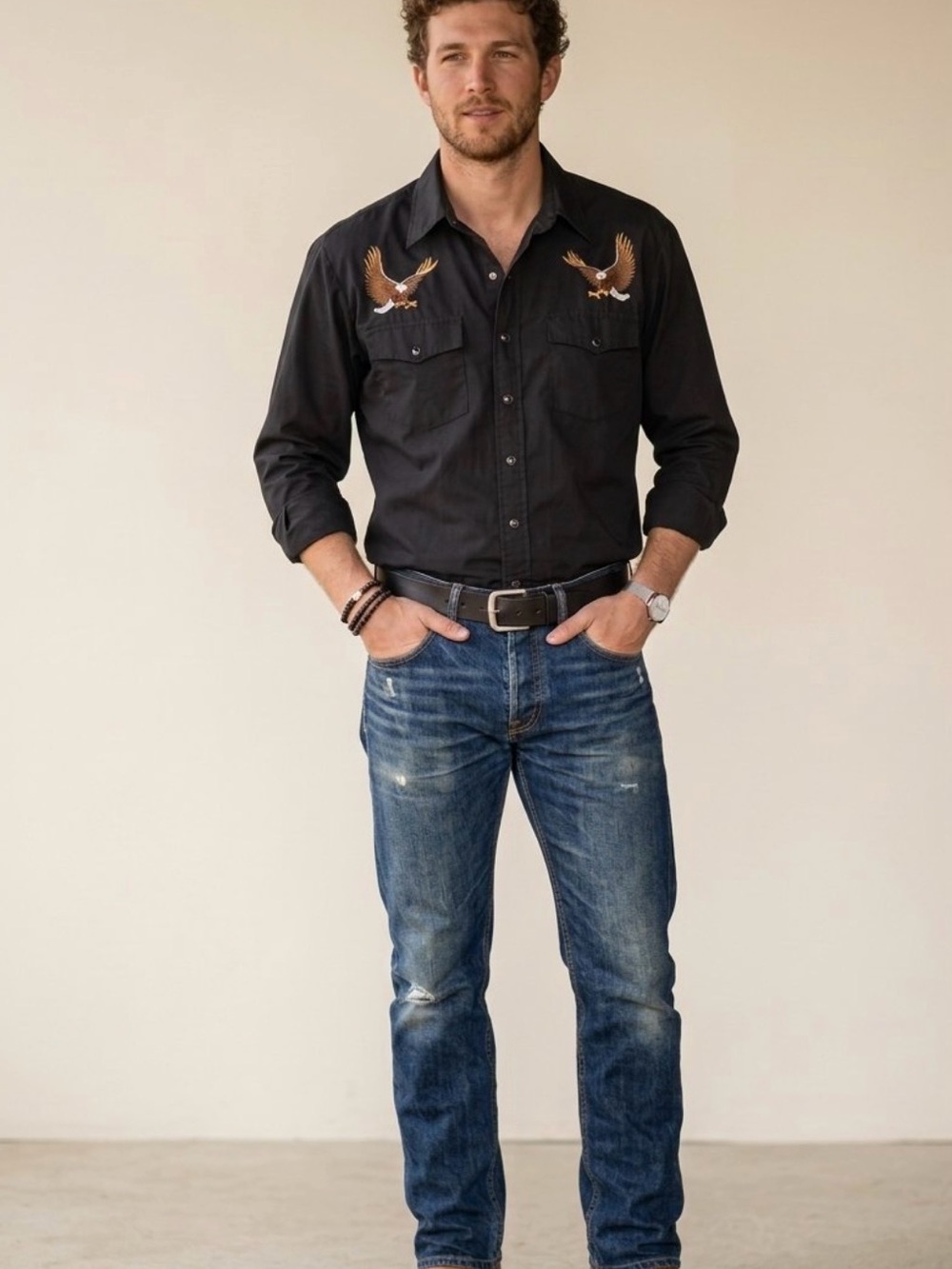 VINTAGE Wind Jammer Men's Black Embroidered Eagle Western Snap Front Shirt